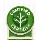 Icona di una foglia con un sigillo di certificazione.