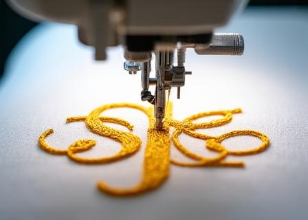Dettaglio di una macchina da ricamo che crea un monogramma dorato su una federa.